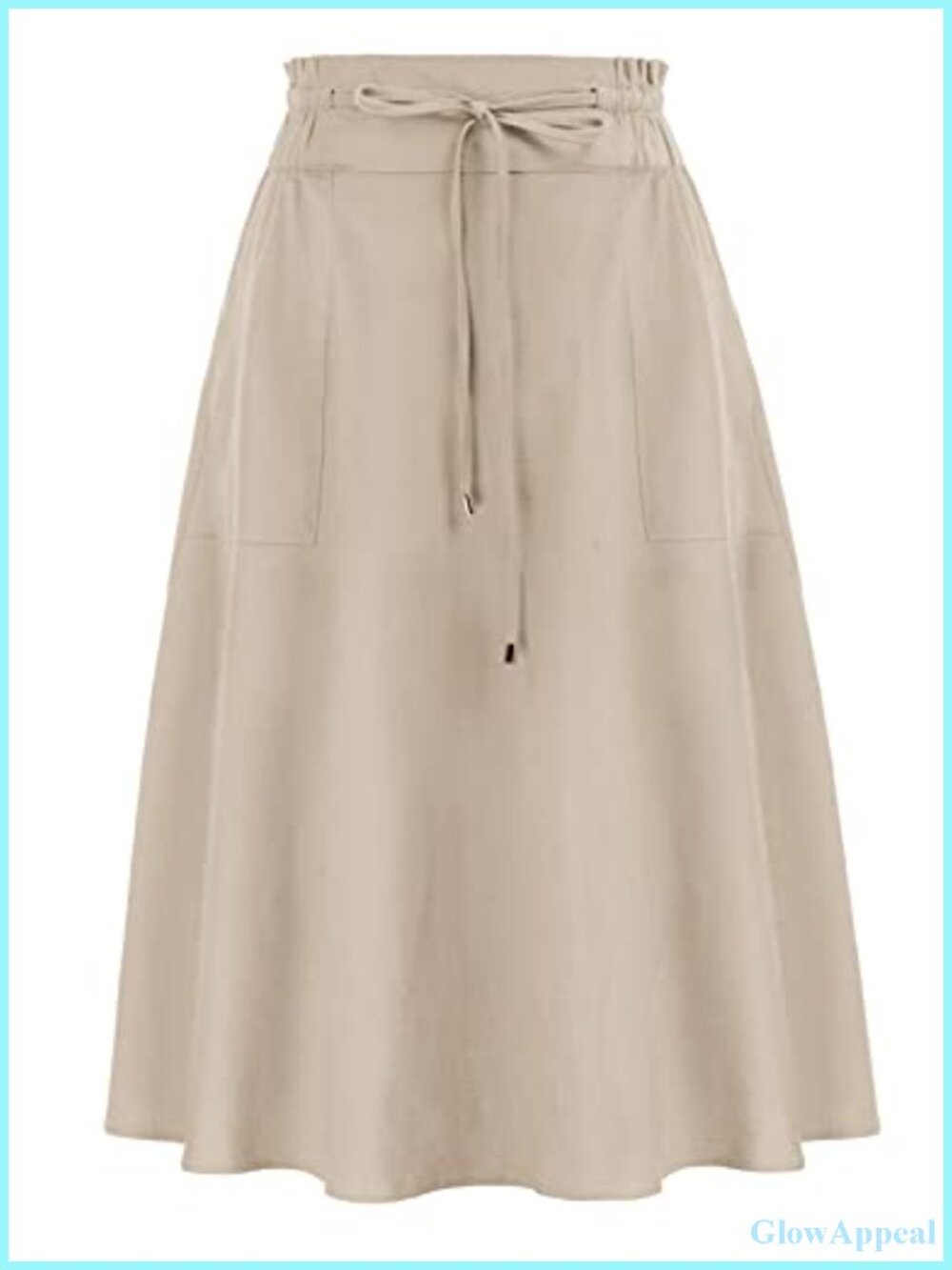 Cotton Linen A-Line Midi Skirt with Pockets Elastic Tie Waist